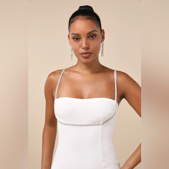 LULU’S Upscale Flirt Ivory Rhinestone Sleeveless Bodycon Midi Dress - Picture 4 of 5